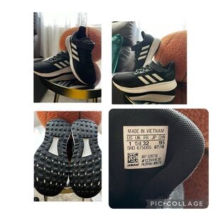 Boys Adidas size1 tennis shoes black with Velcro strap and laces.